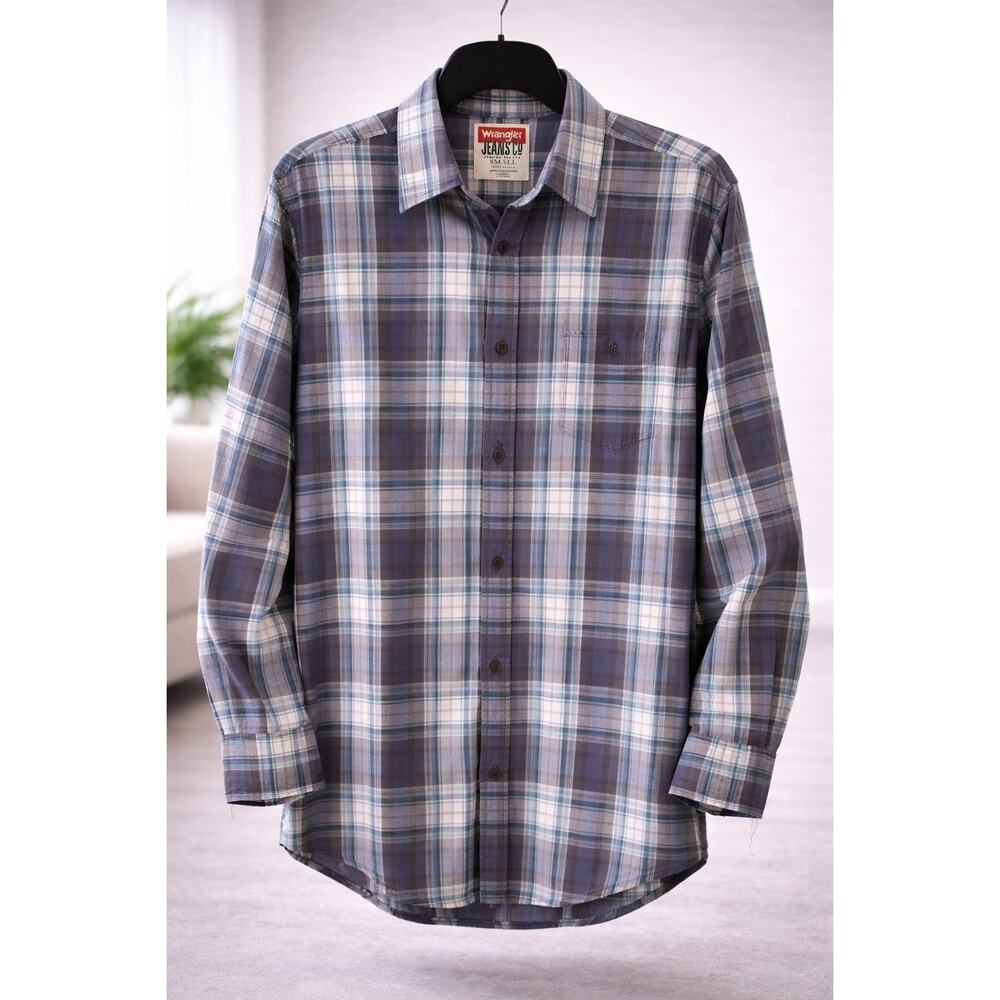 Wrangler Jeans Co Plaid Button Down Shirt Mens Cotton Blue Gray Casual Western